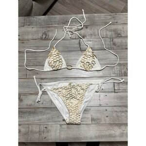 Victoria's Secret Gold Pineapple Bikini Set White Metallic Triangle Top XS S
